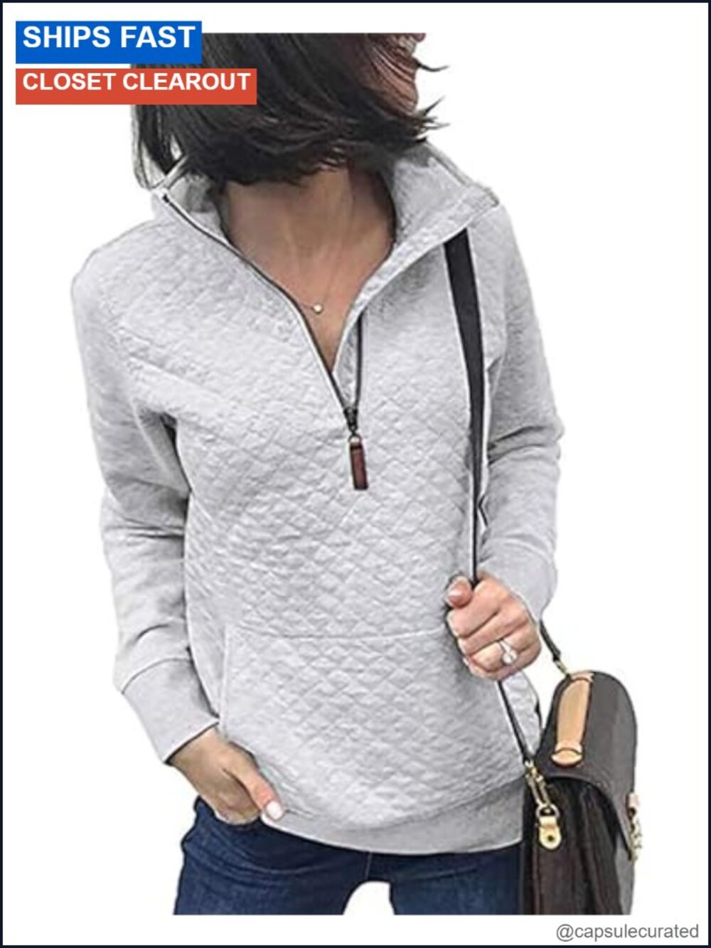 Women's Quarter Zip Sweatshirt Quilted Relaxed Fit Kangaroo Pocket Lightweight